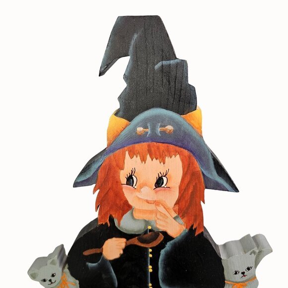 Hand Painted‎ Halloween Witch With Cauldron Wooden Decor Treat Box Whimsical Fun - Picture 2 of 10